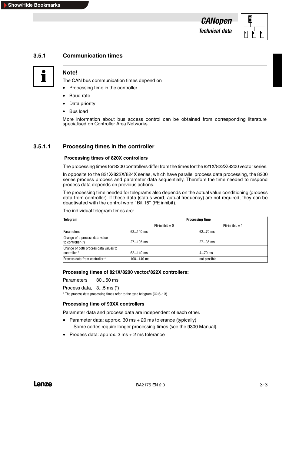 Communication times, Processing times in the controller, Canopen | Lenze EMF2175IB User Manual | Page 15 / 152