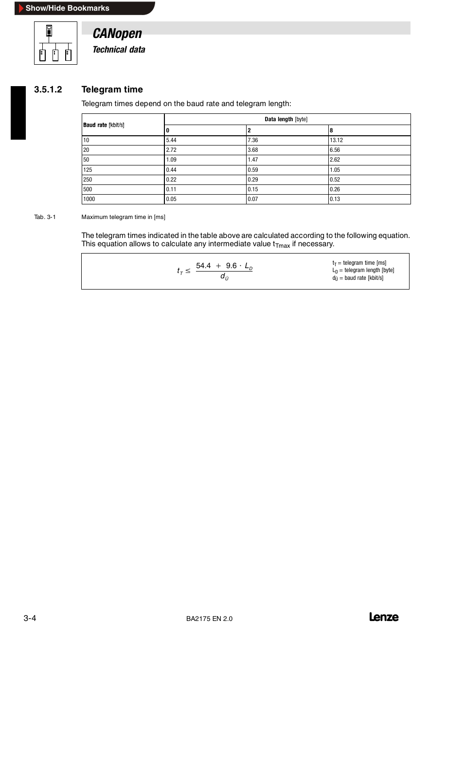 Telegram time, Canopen, 3technical data | 2 telegram time | Lenze EMF2175IB User Manual | Page 16 / 152