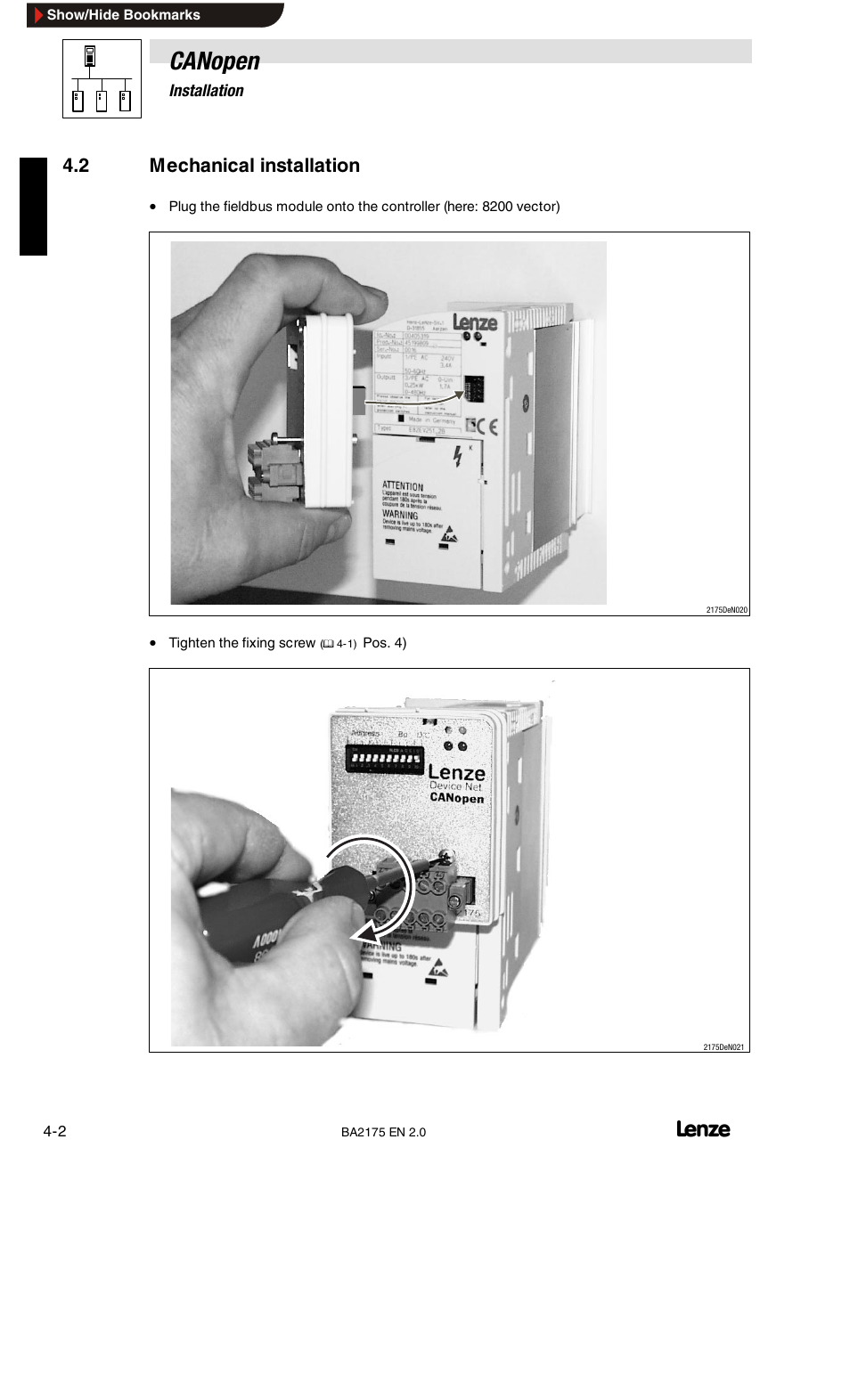 2 mechanical installation, Canopen | Lenze EMF2175IB User Manual | Page 18 / 152
