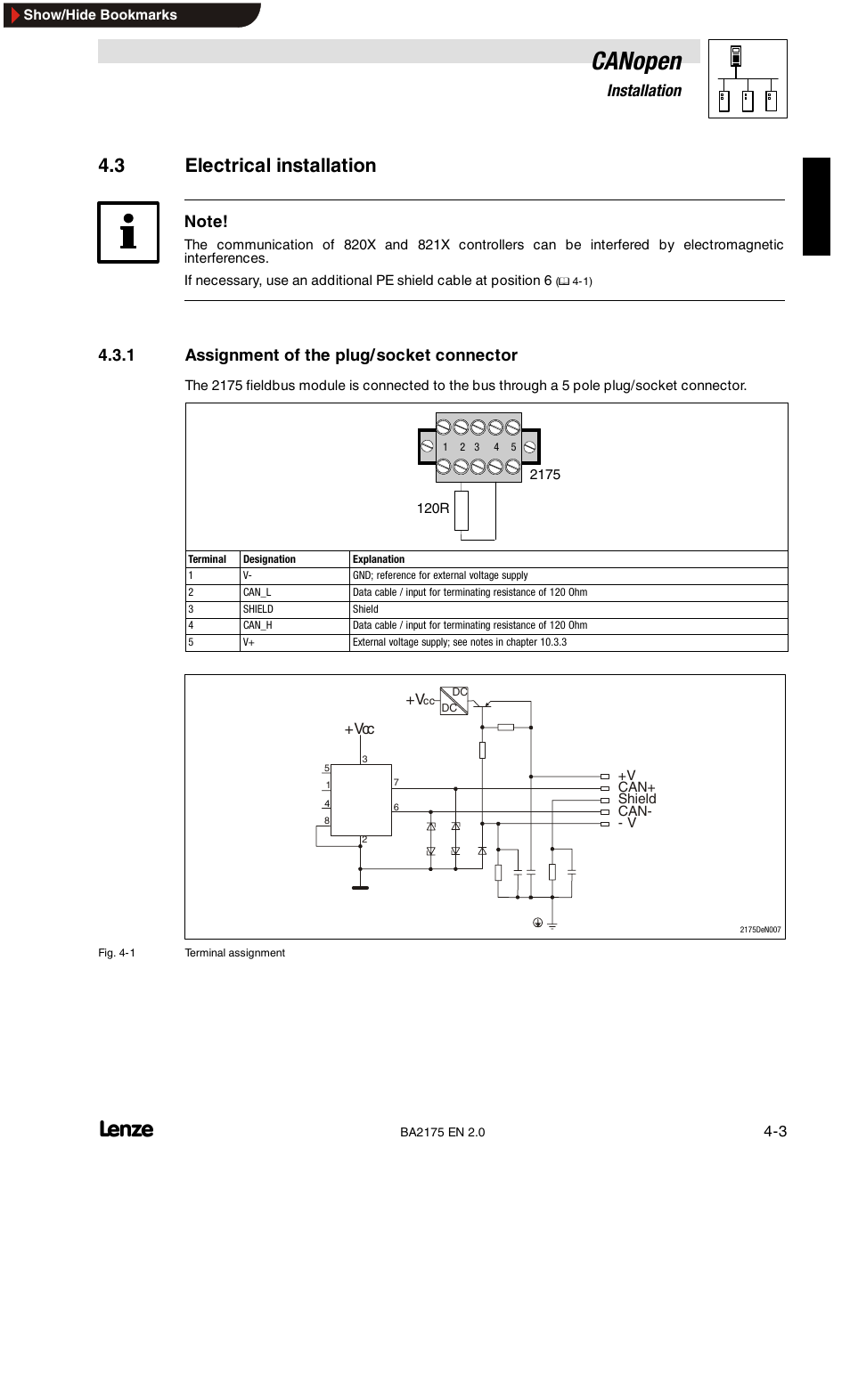 3 electrical installation, Assignment of the plug/socket connector, Canopen | 4installation, 1 assignment of the plug/ socket connector | Lenze EMF2175IB User Manual | Page 19 / 152