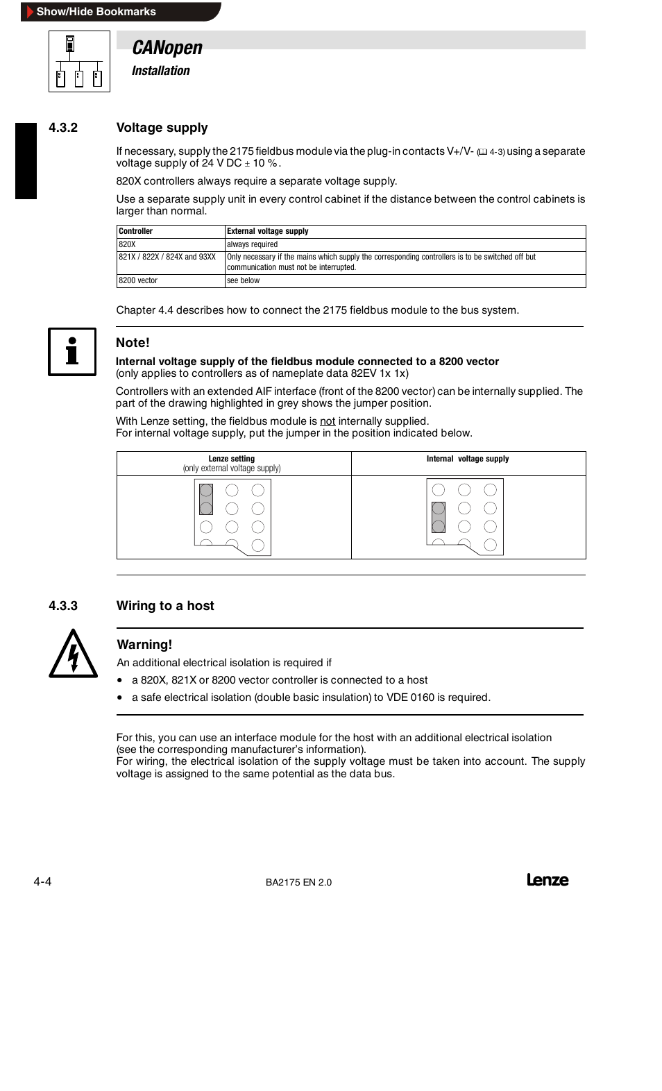 Voltage supply, Wiring to a host, Canopen | Lenze EMF2175IB User Manual | Page 20 / 152