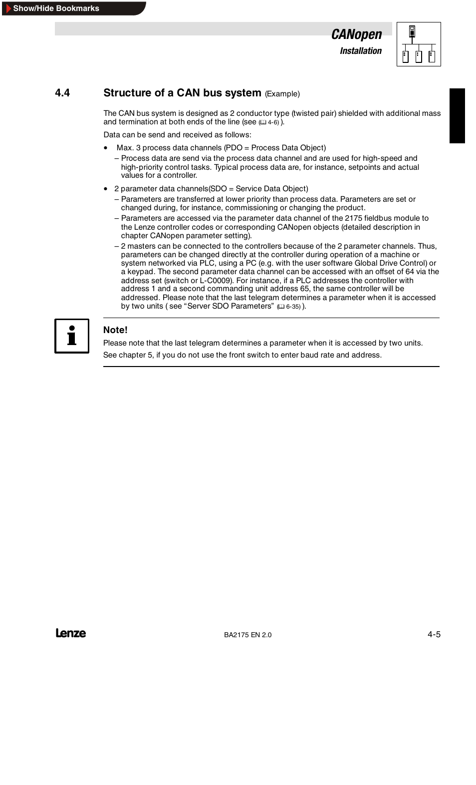 4 structure of a can bus system (example), Canopen, 4 structure of a can bus system | Lenze EMF2175IB User Manual | Page 21 / 152