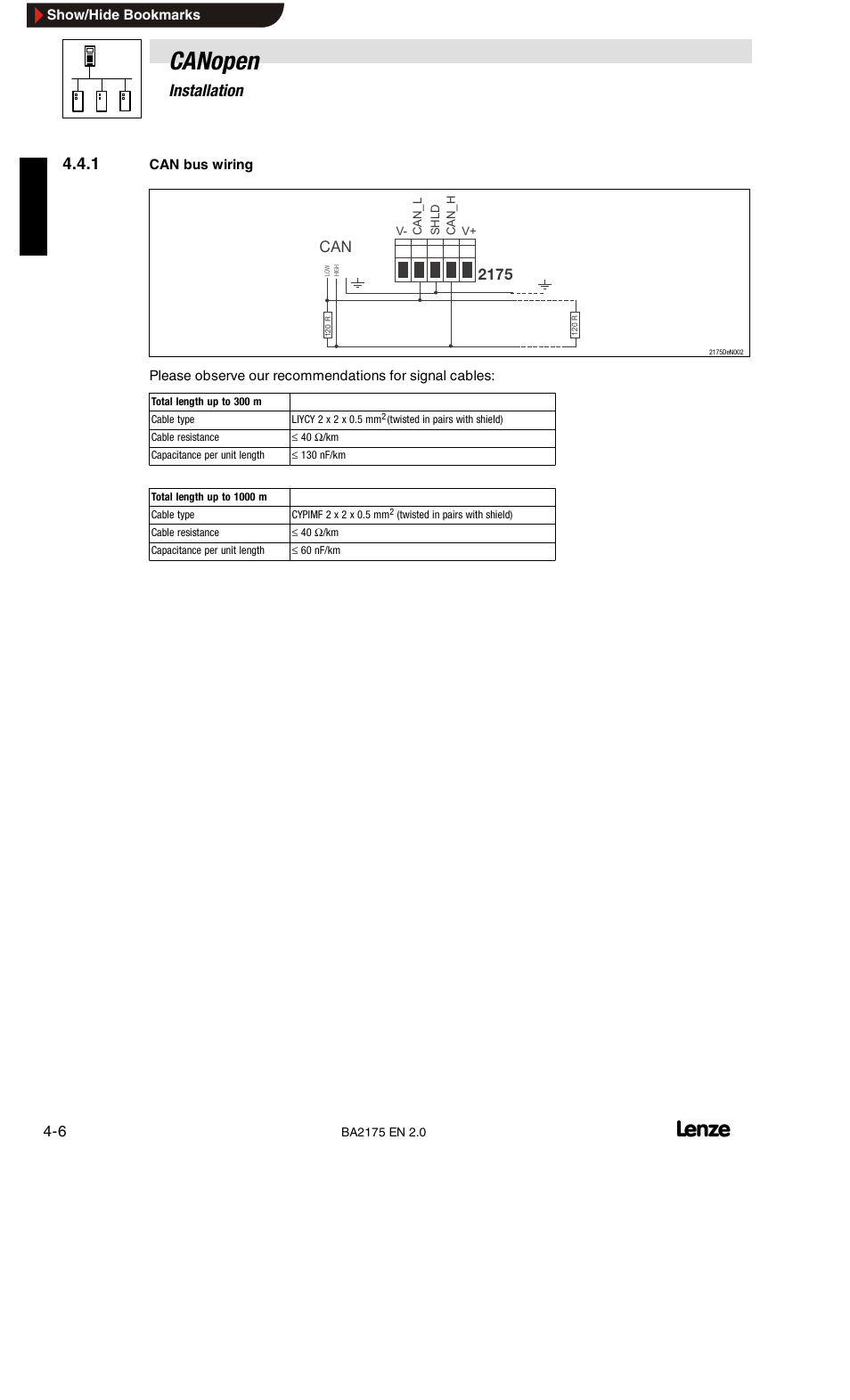 Can bus wiring, Canopen, 4installation | Lenze EMF2175IB User Manual | Page 22 / 152