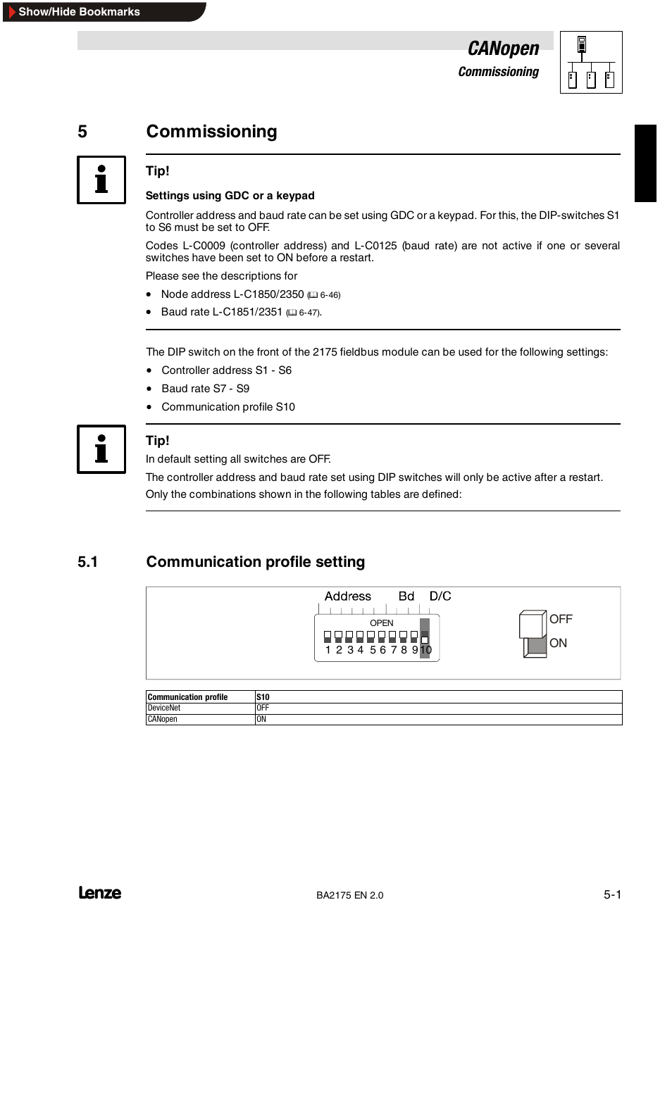 5 commissioning, 1 communication profile setting, Canopen | 5commissioning | Lenze EMF2175IB User Manual | Page 23 / 152