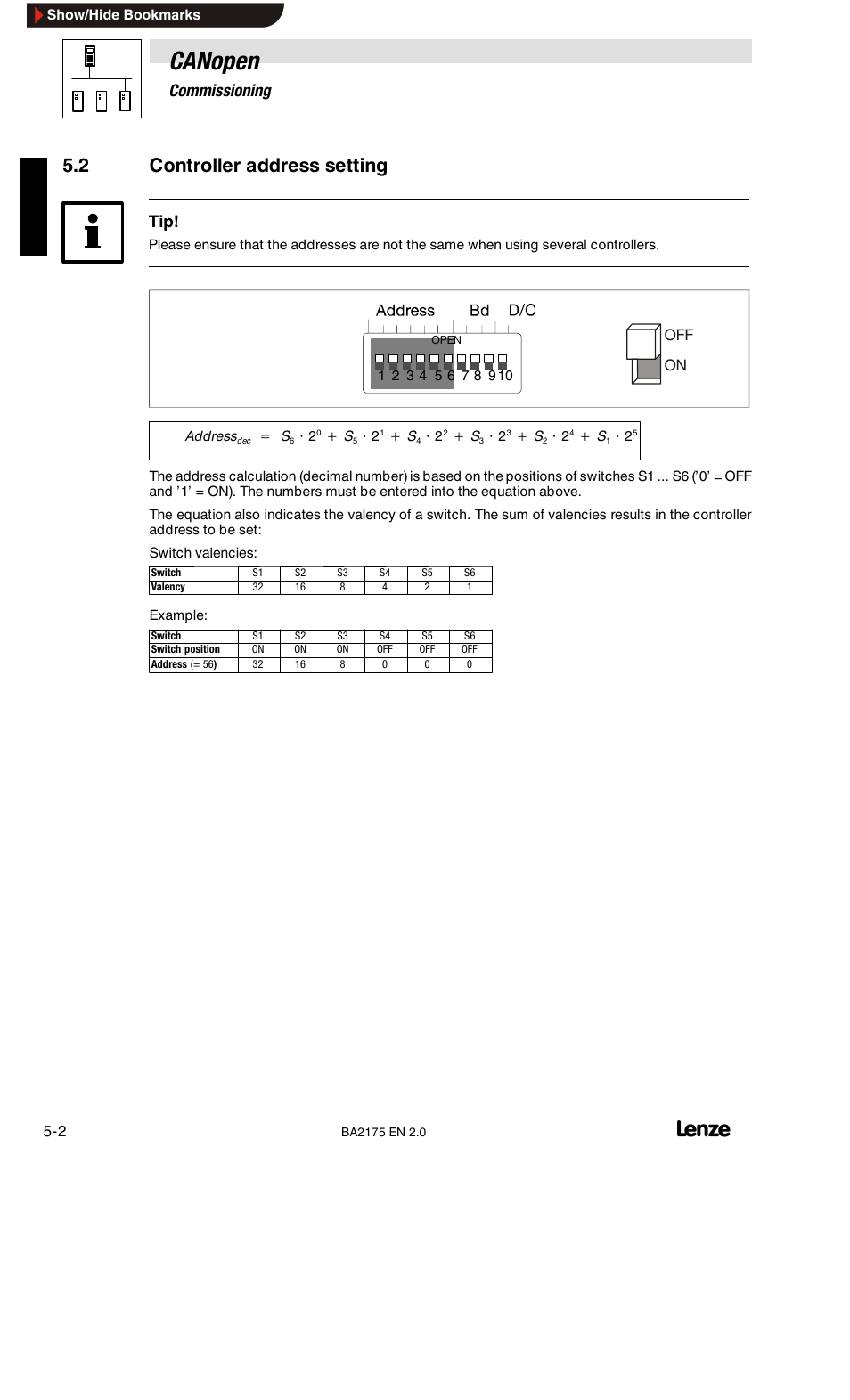 2 controller address setting, Canopen, 5commissioning | Lenze EMF2175IB User Manual | Page 24 / 152