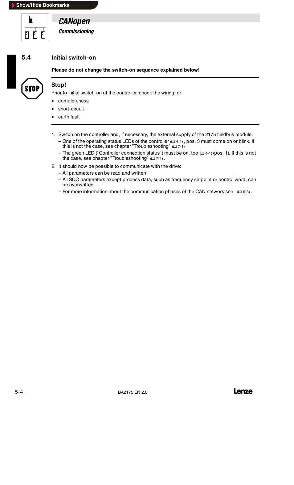 4 initial switch-on, Canopen | Lenze EMF2175IB User Manual | Page 26 / 152