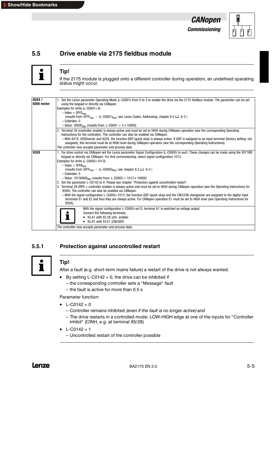 5 drive enable via 2175 fieldbus module, Protection against uncontrolled restart, Canopen | 5commissioning, 1 protection against uncontrolled restart tip | Lenze EMF2175IB User Manual | Page 27 / 152