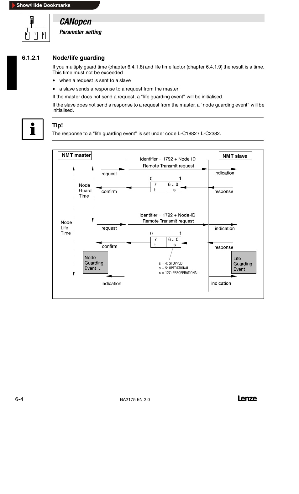 Node/life guarding, Canopen | Lenze EMF2175IB User Manual | Page 32 / 152