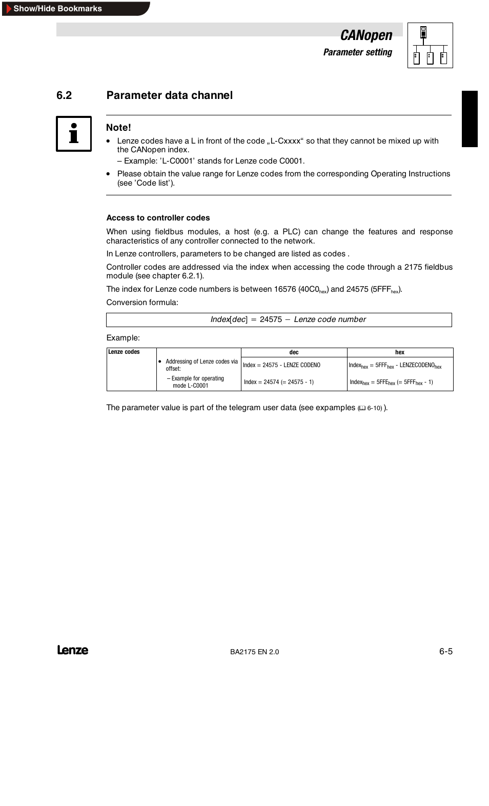 2 parameter data channel, Canopen, 6parameter setting | Lenze EMF2175IB User Manual | Page 33 / 152