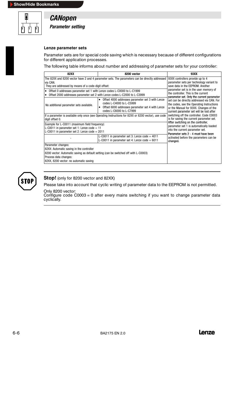 Canopen, 6parameter setting, Stop | Lenze EMF2175IB User Manual | Page 34 / 152