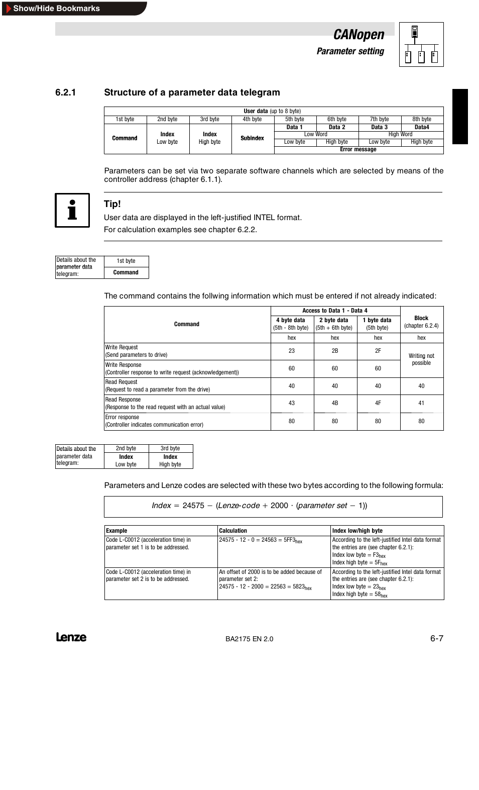 Structure of a parameter data telegram, Canopen, 6parameter setting | 1 structure of a parameter data telegram | Lenze EMF2175IB User Manual | Page 35 / 152