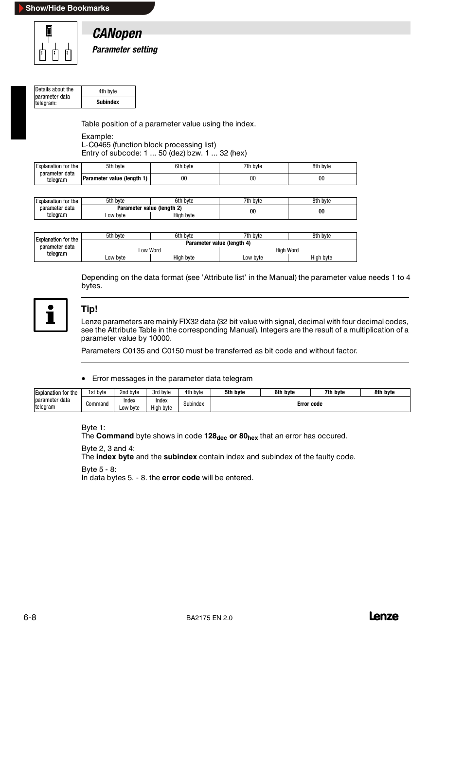Canopen, 6parameter setting | Lenze EMF2175IB User Manual | Page 36 / 152
