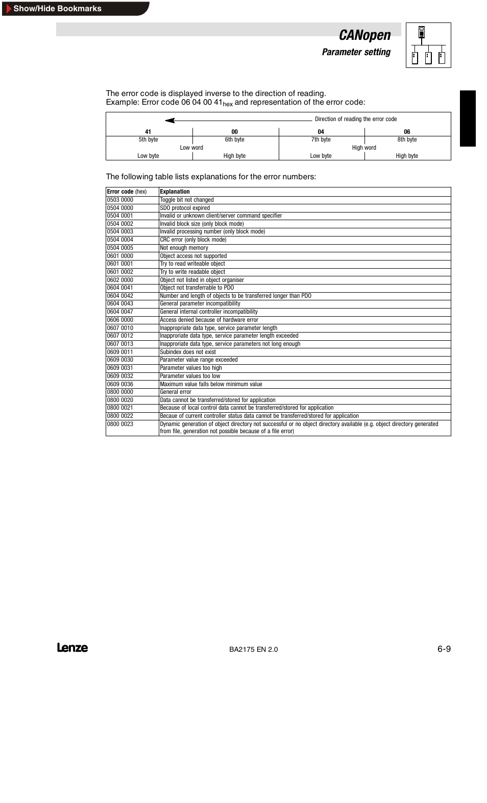 Canopen, 6parameter setting | Lenze EMF2175IB User Manual | Page 37 / 152