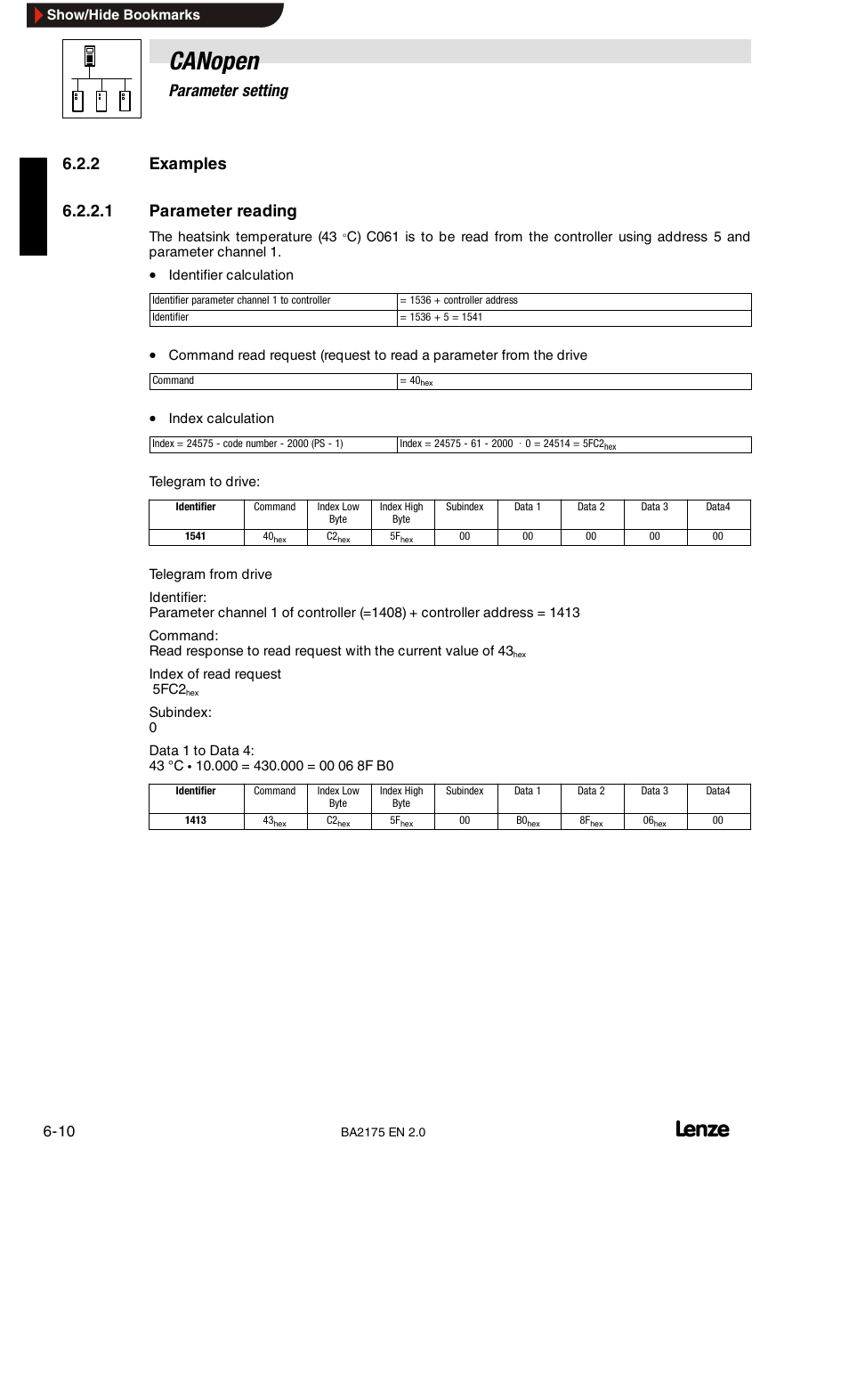 Examples, Parameter reading, Canopen | 6parameter setting | Lenze EMF2175IB User Manual | Page 38 / 152