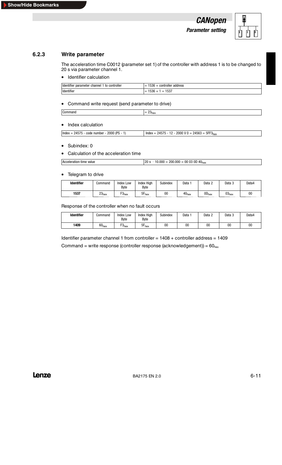 Write parameter, Canopen, 6parameter setting | 3 write parameter | Lenze EMF2175IB User Manual | Page 39 / 152