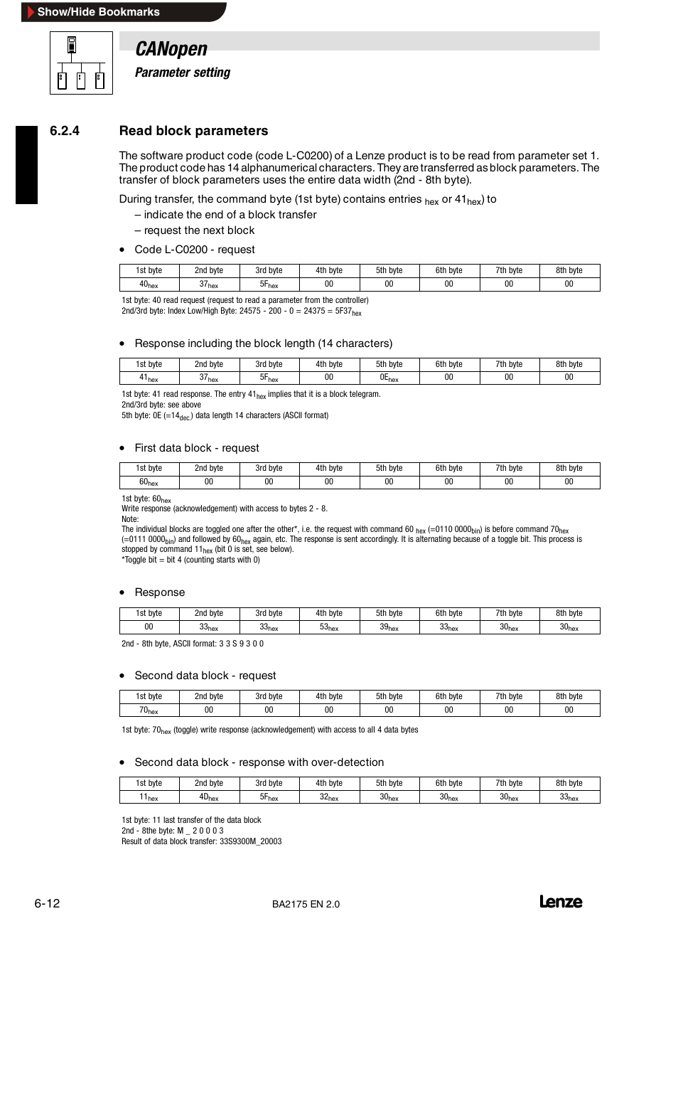 Read block parameters, Canopen, 6parameter setting | 4 read block parameters | Lenze EMF2175IB User Manual | Page 40 / 152
