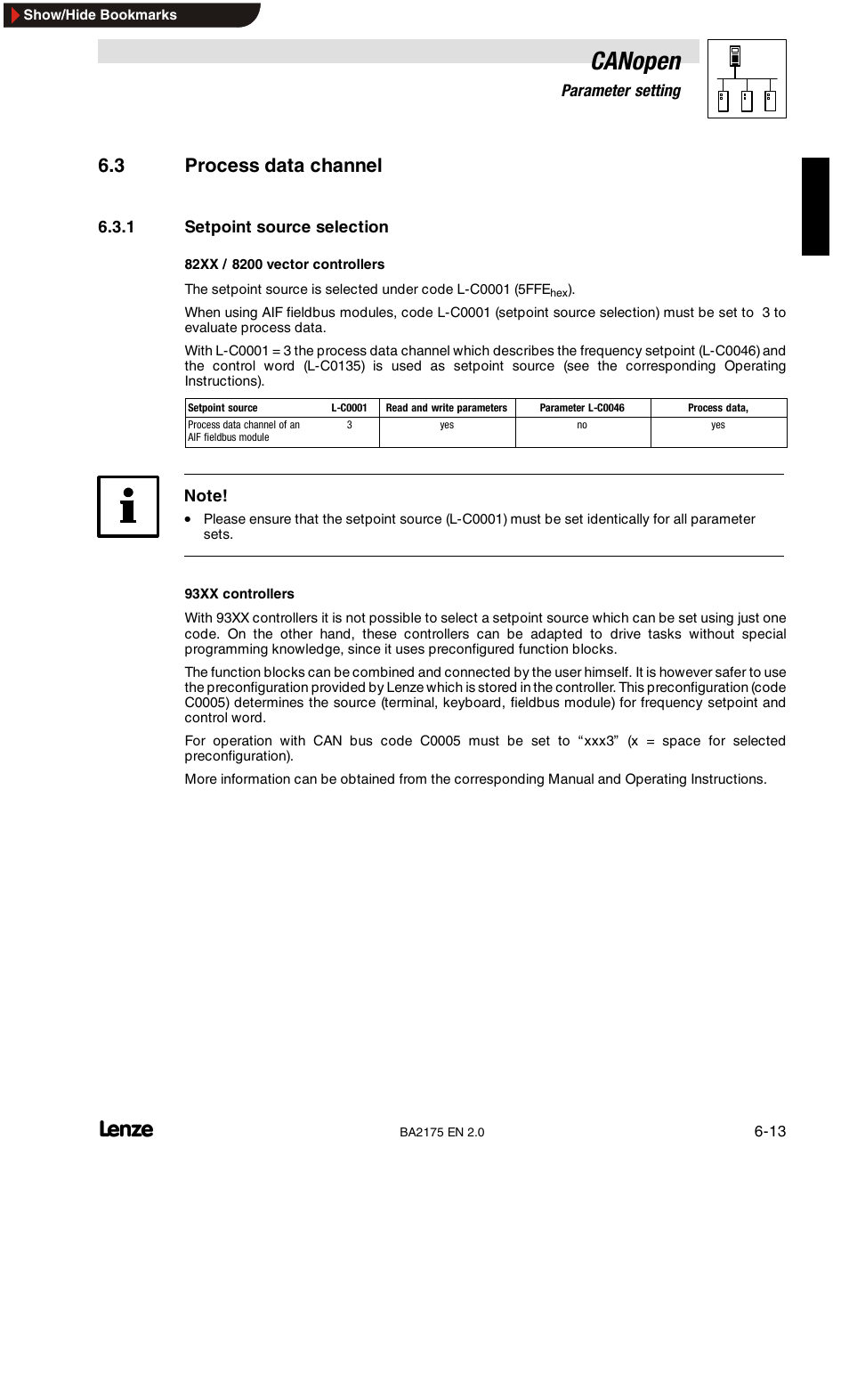 3 process data channel, Setpoint source selection, Canopen | Lenze EMF2175IB User Manual | Page 41 / 152