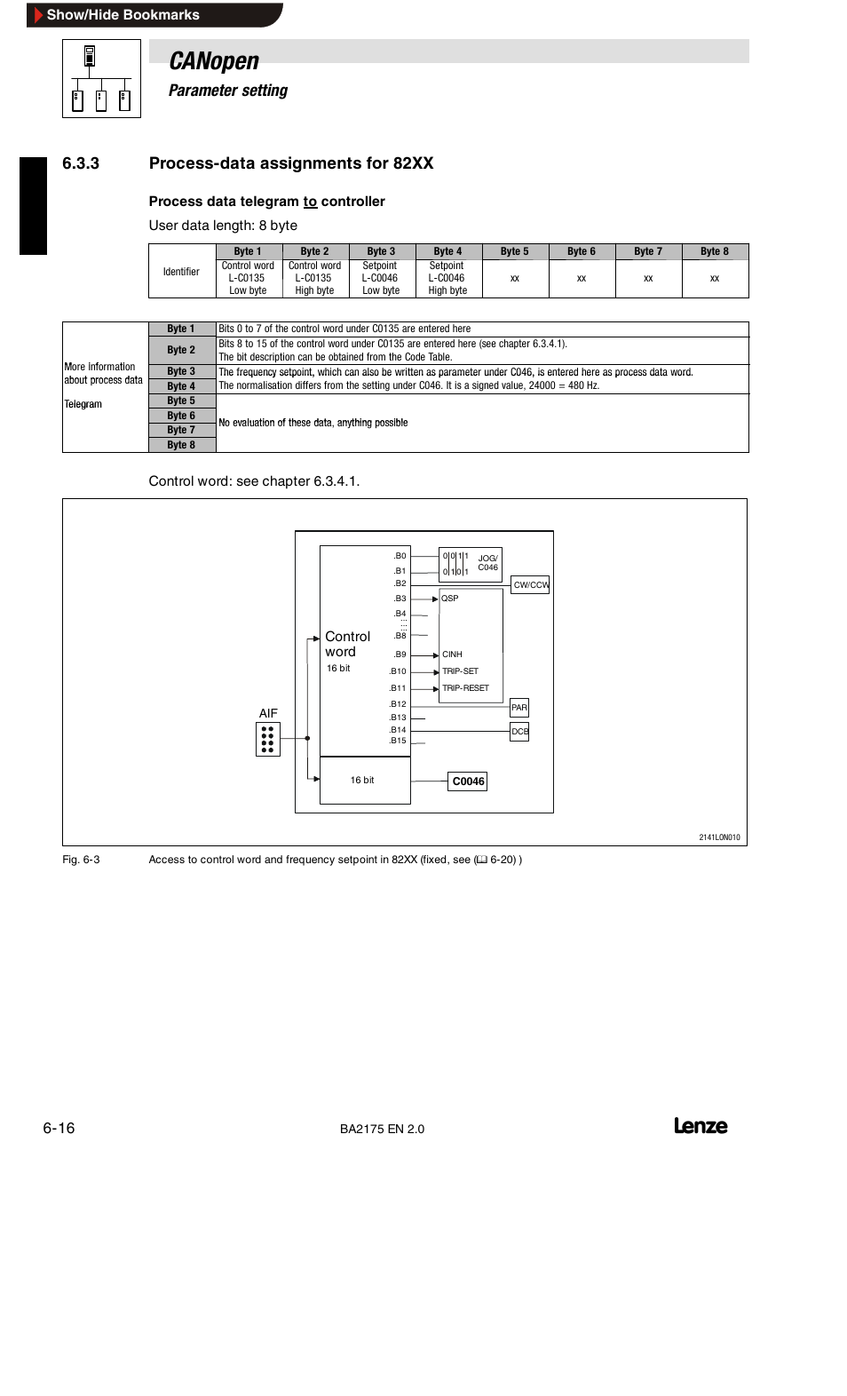 Process-data assignments for 82xx, Canopen, 6parameter setting | 3 process-data assignments for 82xx | Lenze EMF2175IB User Manual | Page 44 / 152