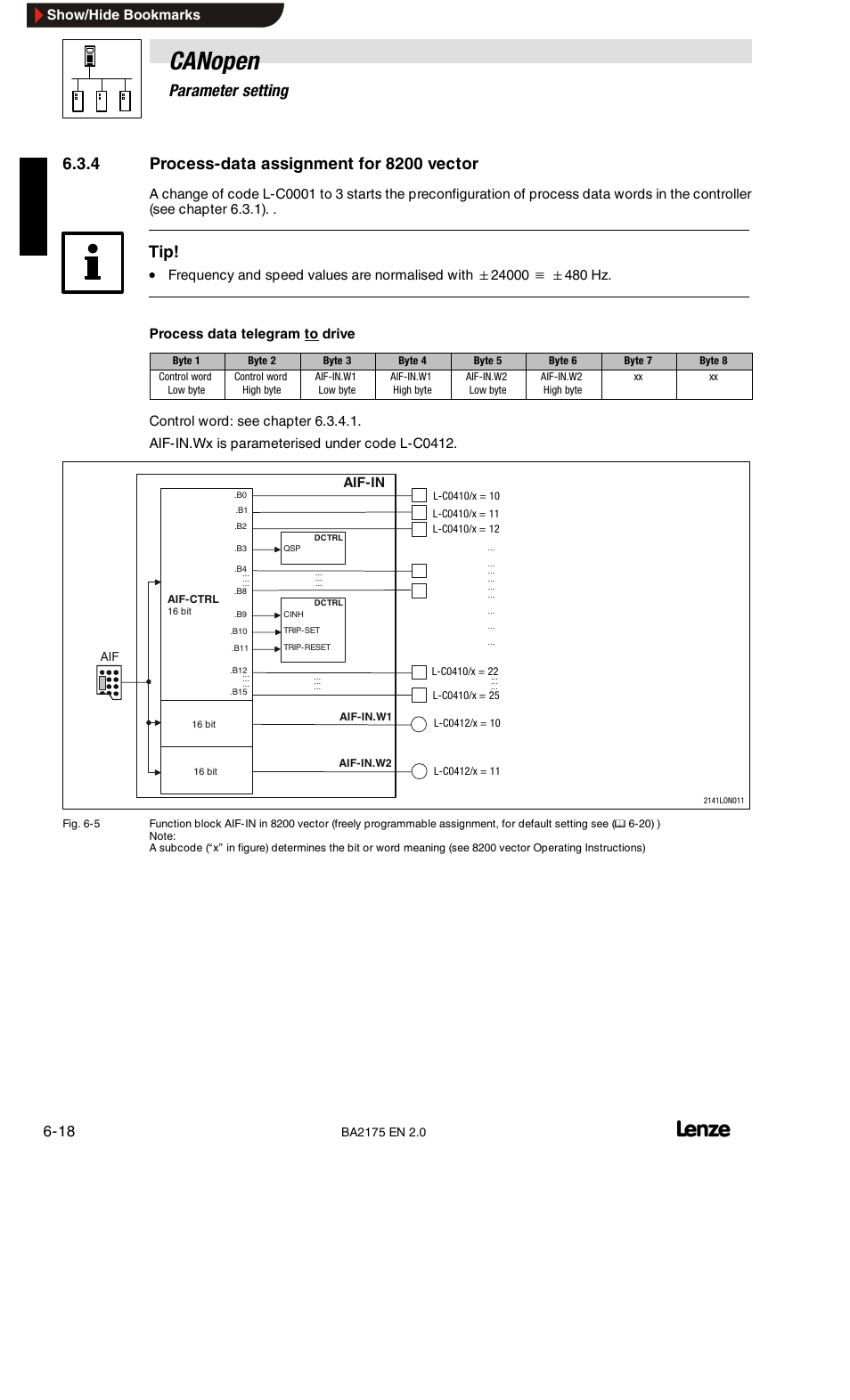 Process-data assignment for 8200 vector, Canopen, 6parameter setting | Lenze EMF2175IB User Manual | Page 46 / 152