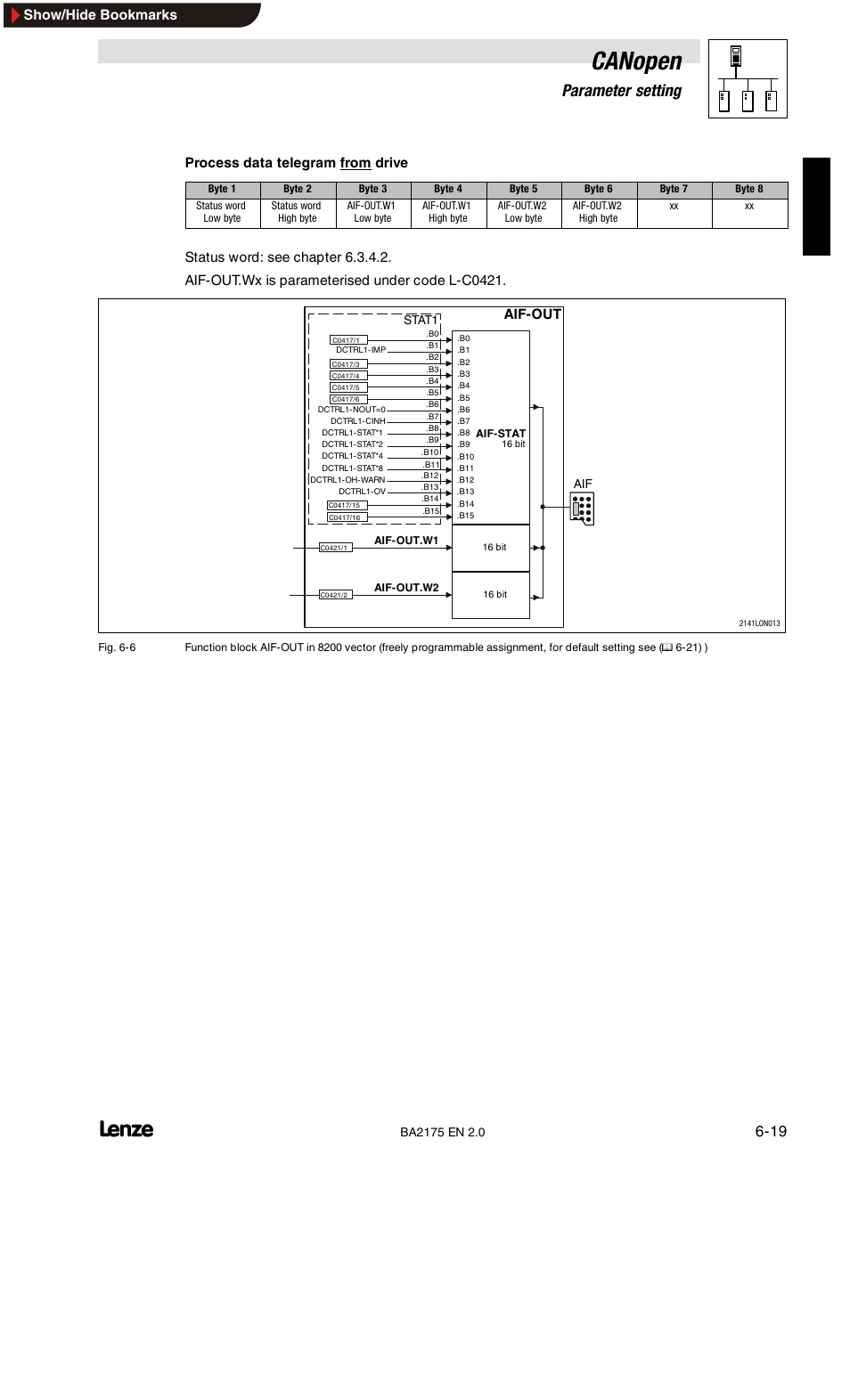 Canopen, 6parameter setting, Process data telegram from drive | Show/hide bookmarks | Lenze EMF2175IB User Manual | Page 47 / 152