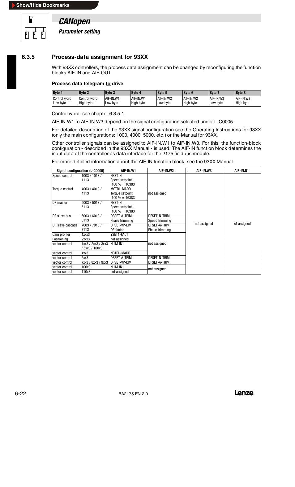 Process-data assignment for 93xx, Canopen, 6parameter setting | 5 process-data assignment for 93xx | Lenze EMF2175IB User Manual | Page 50 / 152