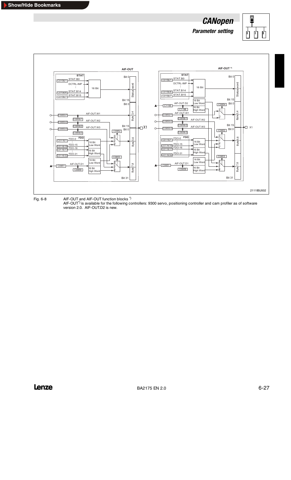 Canopen, 6parameter setting, Show/hide bookmarks | Fig. 6-8 aif-out and aif-out function blocks, Aif-out | Lenze EMF2175IB User Manual | Page 55 / 152