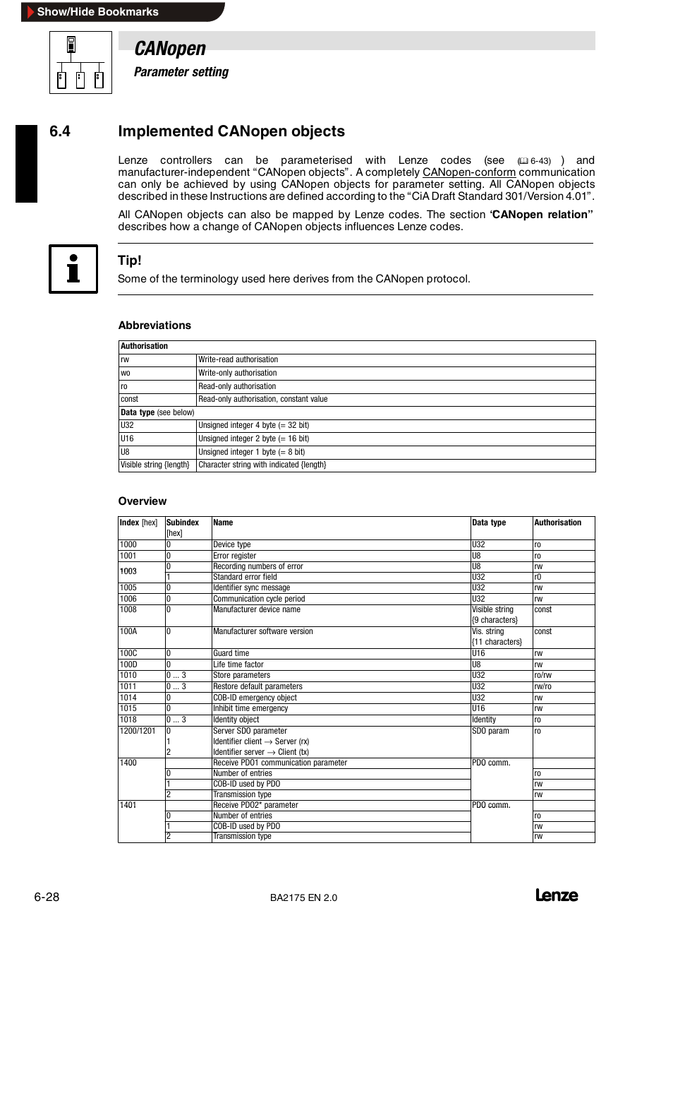 4 implemented canopen objects, Canopen, 6parameter setting | Lenze EMF2175IB User Manual | Page 56 / 152