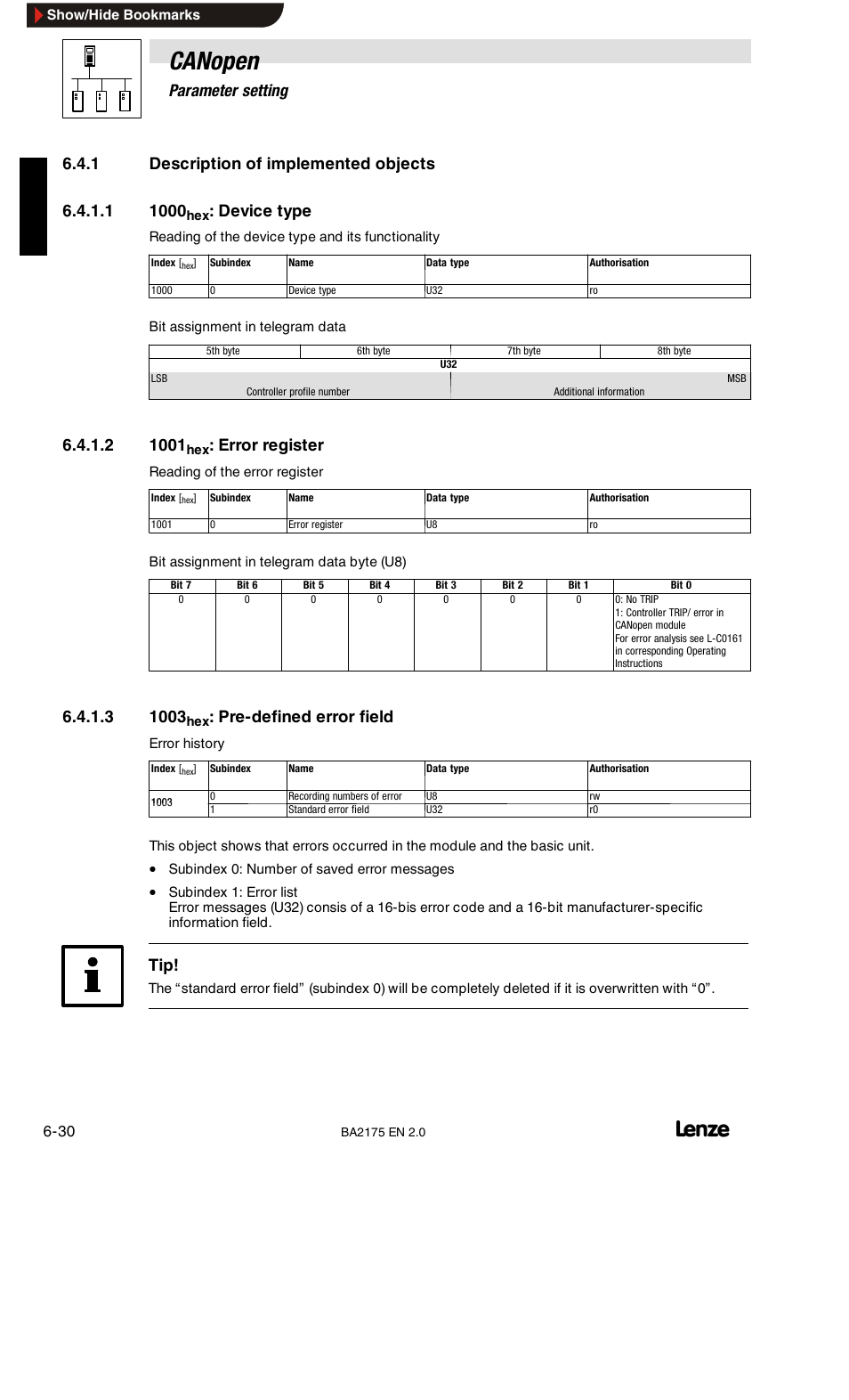 Description of implemented objects, 1000hex: device type, 1001hex: error register | 1003hex: pre-defined error field, Canopen, 6parameter setting, Device type, Error register, Pre-defined error field | Lenze EMF2175IB User Manual | Page 58 / 152