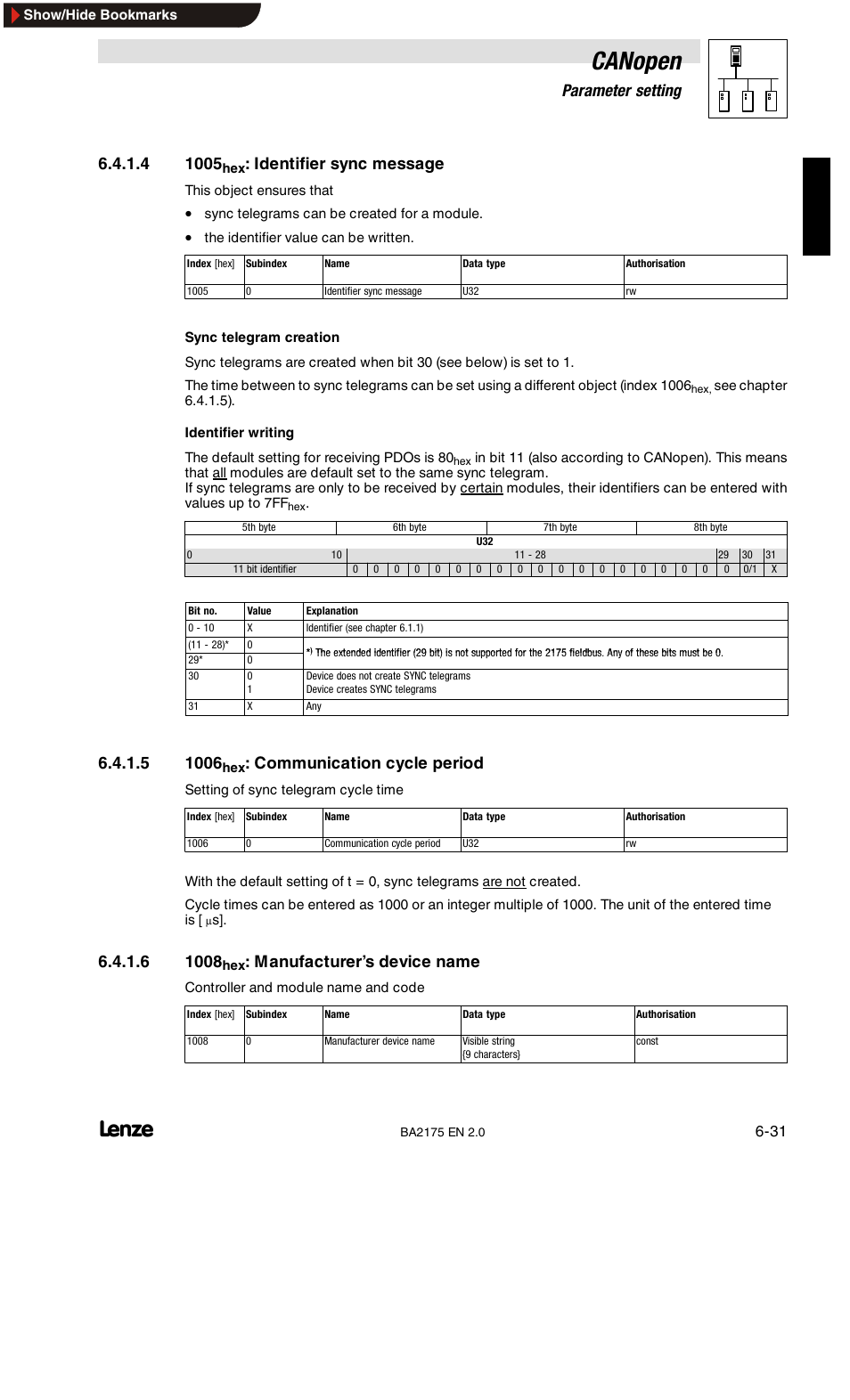 1005hex: identifier sync message, 1006hex: communication cycle period, 1008hex: manufacturer’s device name | Canopen, 6parameter setting, Identifier sync message, Communication cycle period, Manufacturer’s device name | Lenze EMF2175IB User Manual | Page 59 / 152