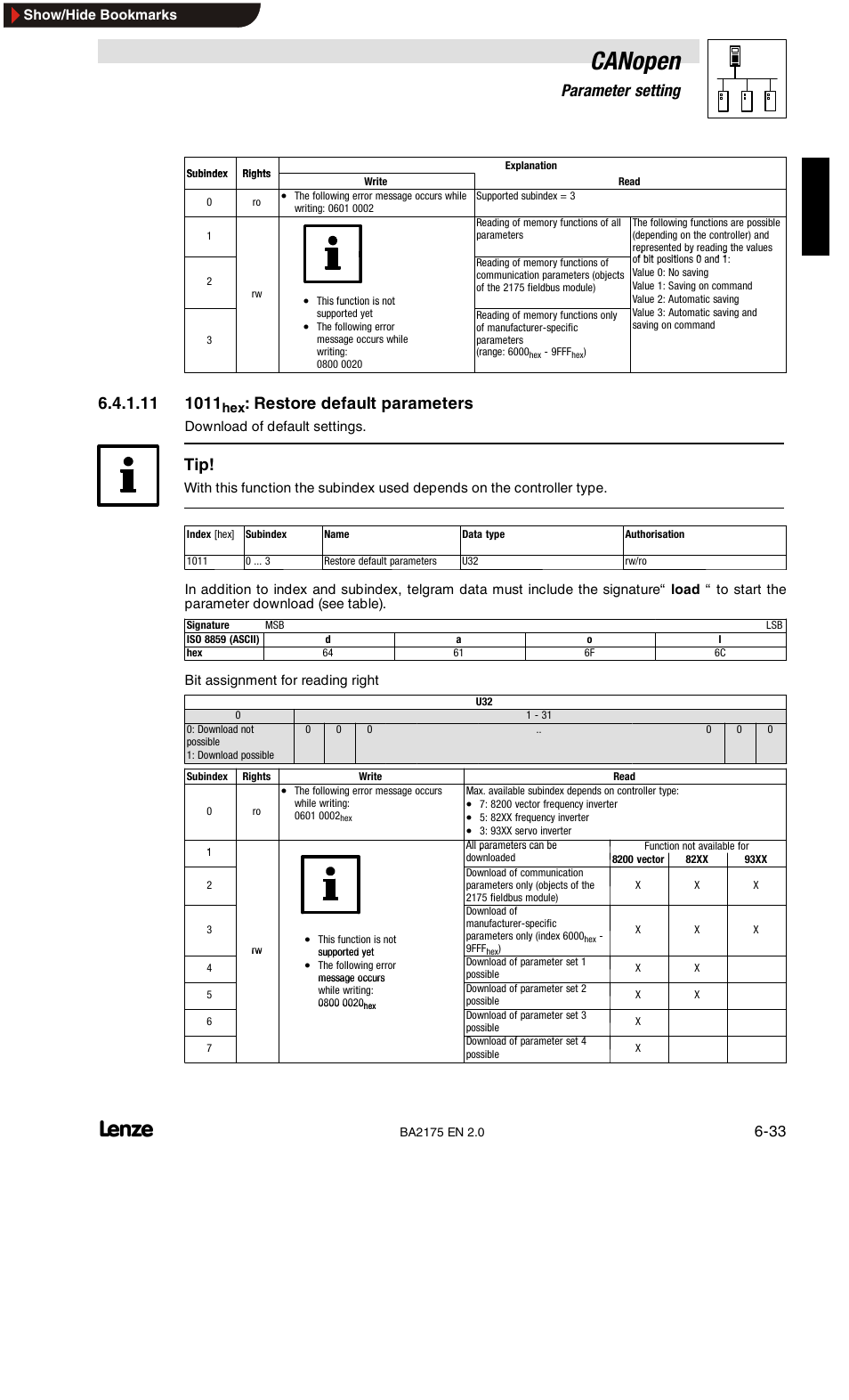 1011hex: restore default parameters, Canopen, 6parameter setting | Restore default parameters | Lenze EMF2175IB User Manual | Page 61 / 152