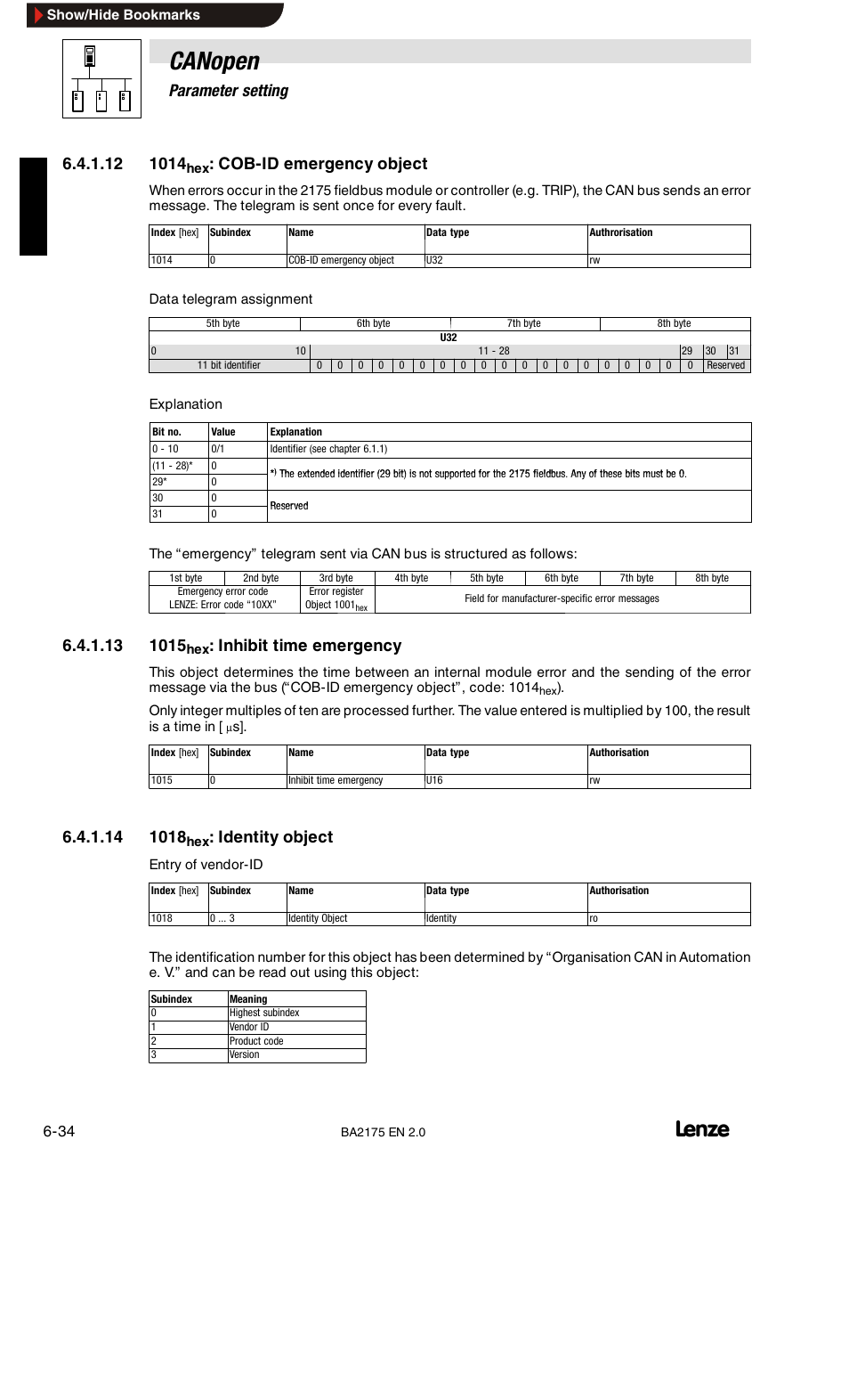 Canopen, 6parameter setting, Cob-id emergency object | Inhibit time emergency, Identity object | Lenze EMF2175IB User Manual | Page 62 / 152
