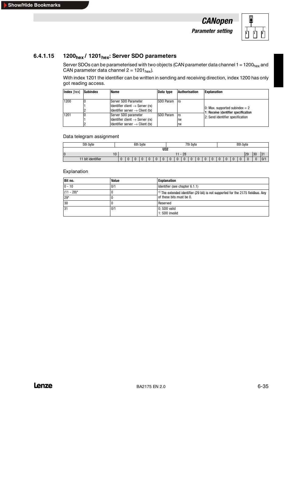 1014hex: cob-id emergency object, 1015hex: inhibit time emergency, 1018hex: identity object | Canopen, 6parameter setting, Server sdo parameters | Lenze EMF2175IB User Manual | Page 63 / 152