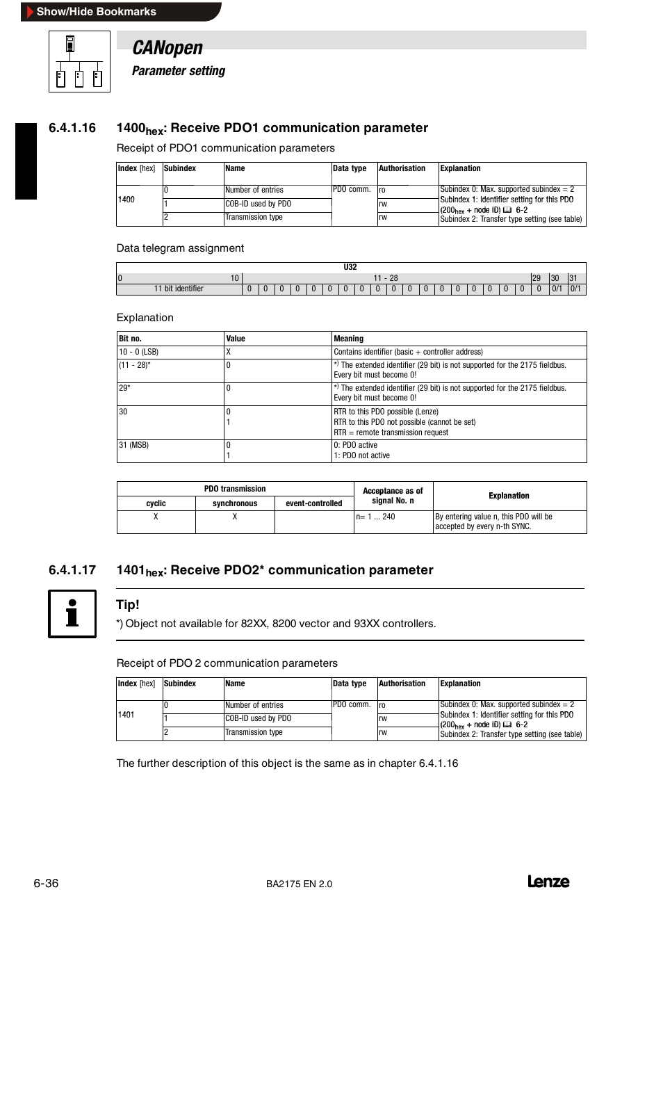 1200hex / 1201hex: server sdo parameters, Canopen, 6parameter setting | Receive pdo1 communication parameter, Receive pdo2* communication parameter tip | Lenze EMF2175IB User Manual | Page 64 / 152