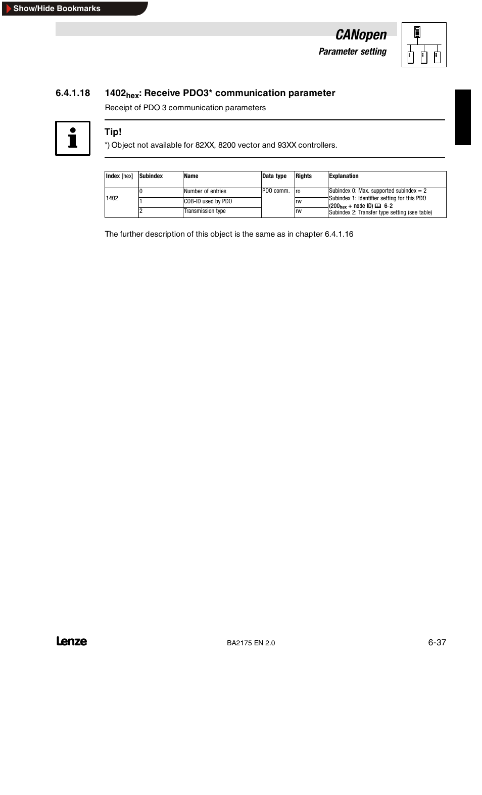 1400hex: receive pdo1 communication parameter, 1401hex: receive pdo2* communication parameter, Canopen | 6parameter setting, Receive pdo3* communication parameter | Lenze EMF2175IB User Manual | Page 65 / 152