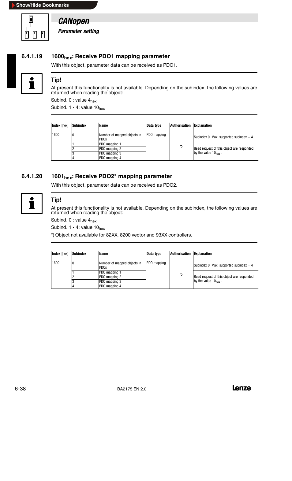 1402hex: receive pdo3* communication parameter, Canopen, 6parameter setting | Receive pdo1 mapping parameter, Receive pdo2* mapping parameter | Lenze EMF2175IB User Manual | Page 66 / 152