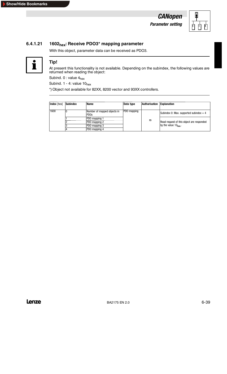 1600hex: receive pdo1 mapping parameter, 1601hex: receive pdo2* mapping parameter, Canopen | 6parameter setting, Receive pdo3* mapping parameter | Lenze EMF2175IB User Manual | Page 67 / 152