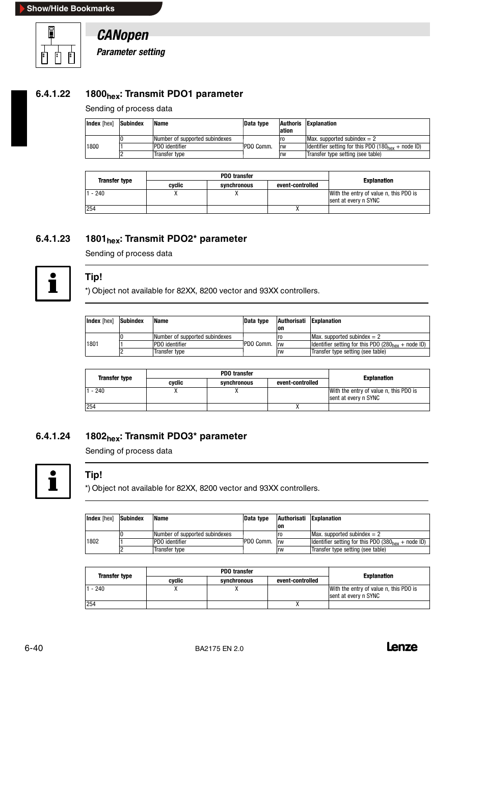 1602hex: receive pdo3* mapping parameter, Canopen, 6parameter setting | Transmit pdo1 parameter, Transmit pdo2* parameter, Transmit pdo3* parameter | Lenze EMF2175IB User Manual | Page 68 / 152