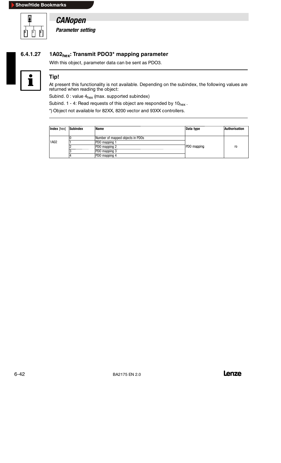 1a00hex: transmit pdo1 mapping parameter, 1a01hex: transmit pdo2* mapping parameter, Canopen | 6parameter setting, Transmit pdo3* mapping parameter | Lenze EMF2175IB User Manual | Page 70 / 152