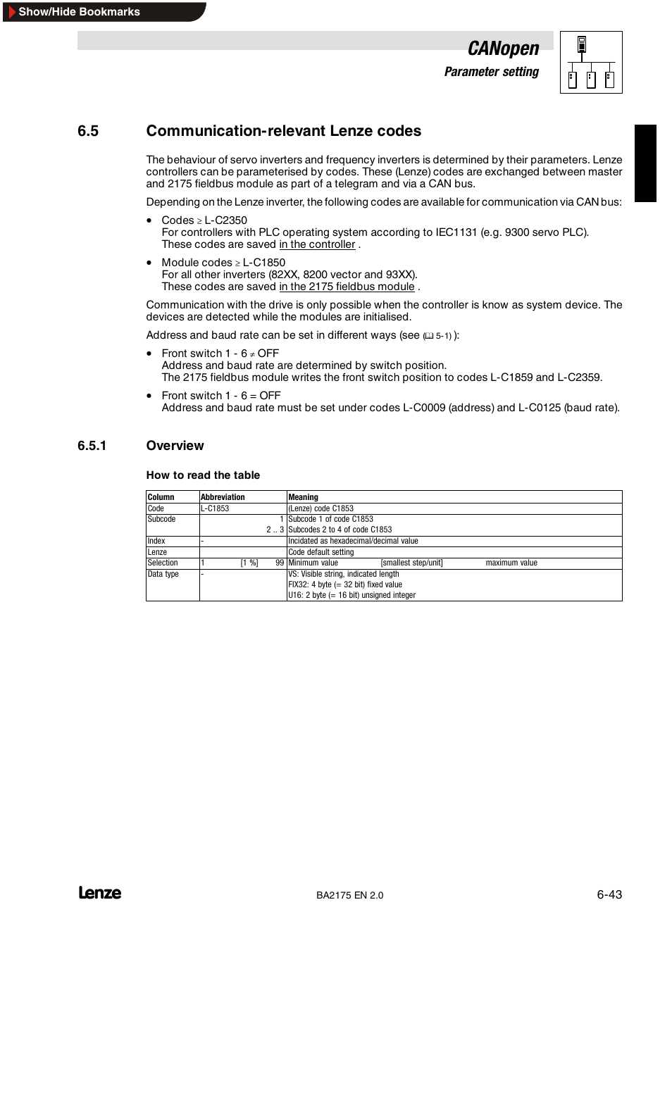1a02hex: transmit pdo3* mapping parameter, Canopen, 5 communication-relevant lenze codes | 6parameter setting, 1 overview | Lenze EMF2175IB User Manual | Page 71 / 152
