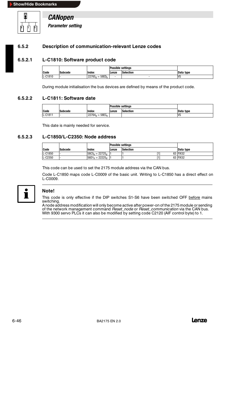 Canopen, 6parameter setting | Lenze EMF2175IB User Manual | Page 74 / 152