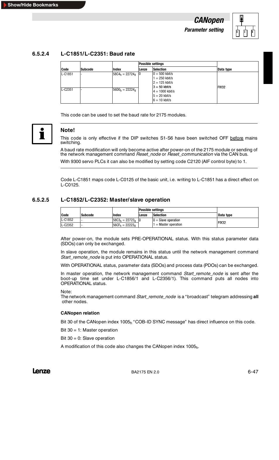 Description of communication-relevant lenze codes, L-c1810: software product code, L-c1811: software date | L-c1850/l-c2350: node address, Canopen, 6parameter setting | Lenze EMF2175IB User Manual | Page 75 / 152