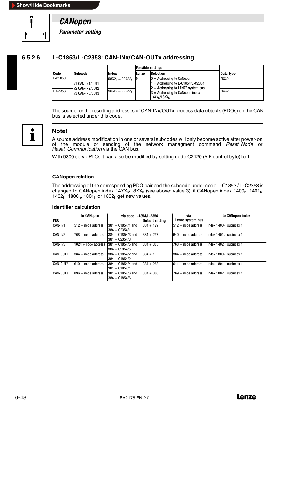L-c1851/l-c2351: baud rate, L-c1852/l-c2352: master/slave operation, Canopen | 6parameter setting | Lenze EMF2175IB User Manual | Page 76 / 152