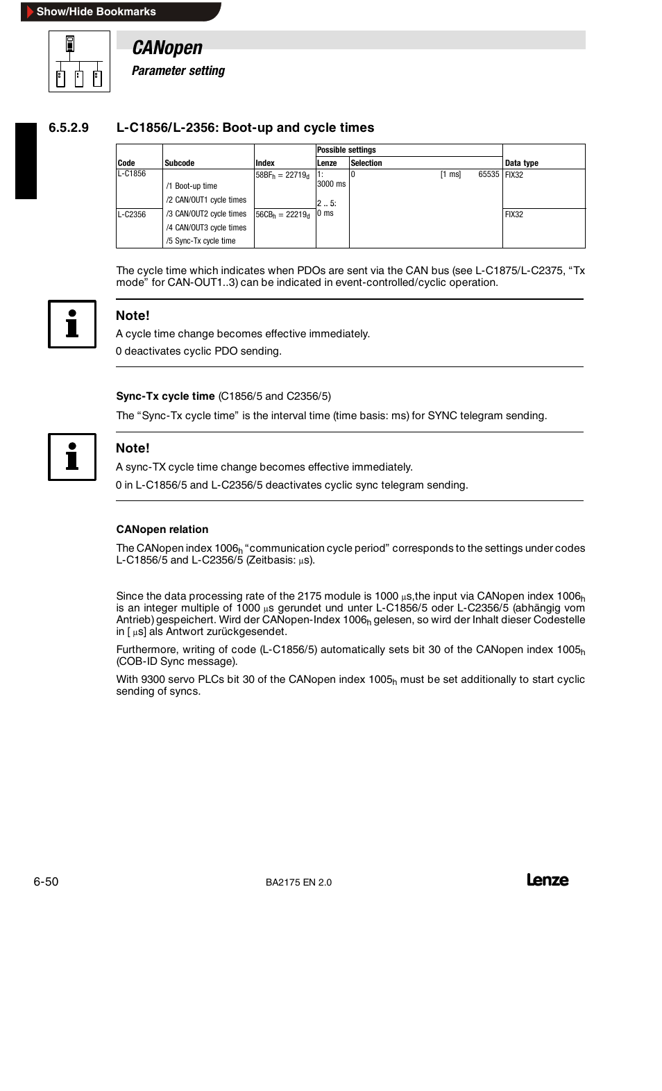 L-c1855/l-c2355: display of resulting identifiers, Canopen, 6parameter setting | Lenze EMF2175IB User Manual | Page 78 / 152