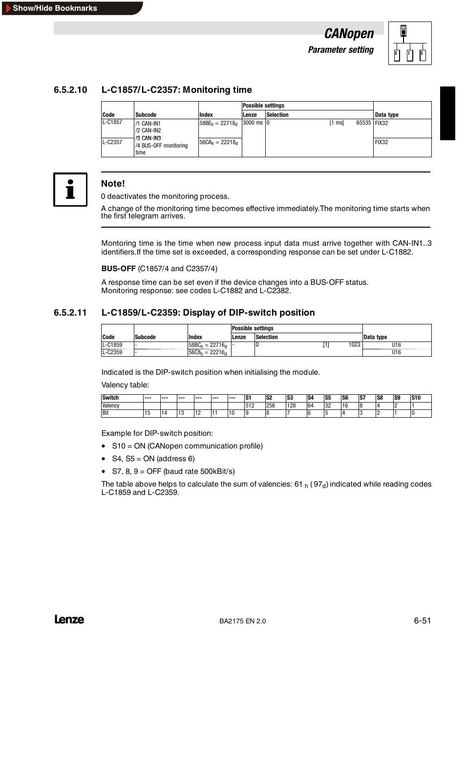 L-c1856/l-2356: boot-up and cycle times, Canopen, 6parameter setting | Lenze EMF2175IB User Manual | Page 79 / 152