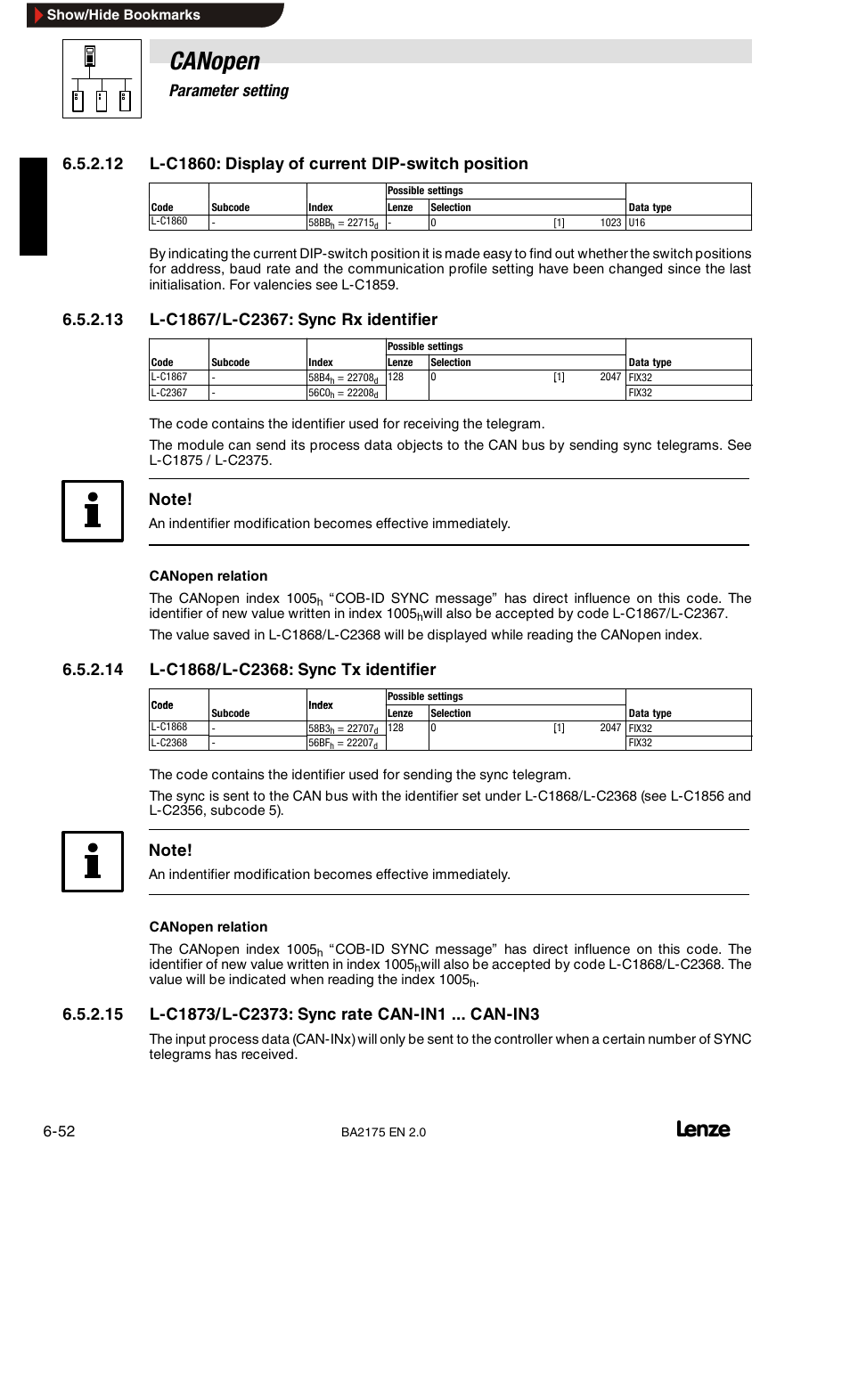 L-c1857/l-c2357: monitoring time, L-c1859/l-c2359: display of dip-switch position, Canopen | 6parameter setting | Lenze EMF2175IB User Manual | Page 80 / 152