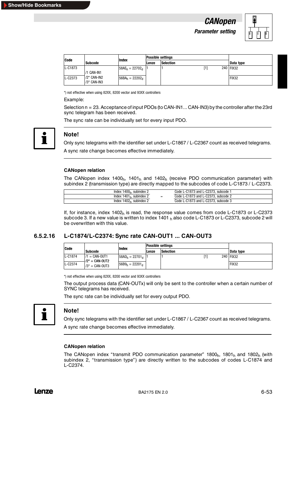 L-c1860: display of current dip-switch position, L-c1867/l-c2367: sync rx identifier, L-c1868/l-c2368: sync tx identifier | L-c1873/l-c2373: sync rate can-in1 ... can-in3, Canopen, 6parameter setting | Lenze EMF2175IB User Manual | Page 81 / 152