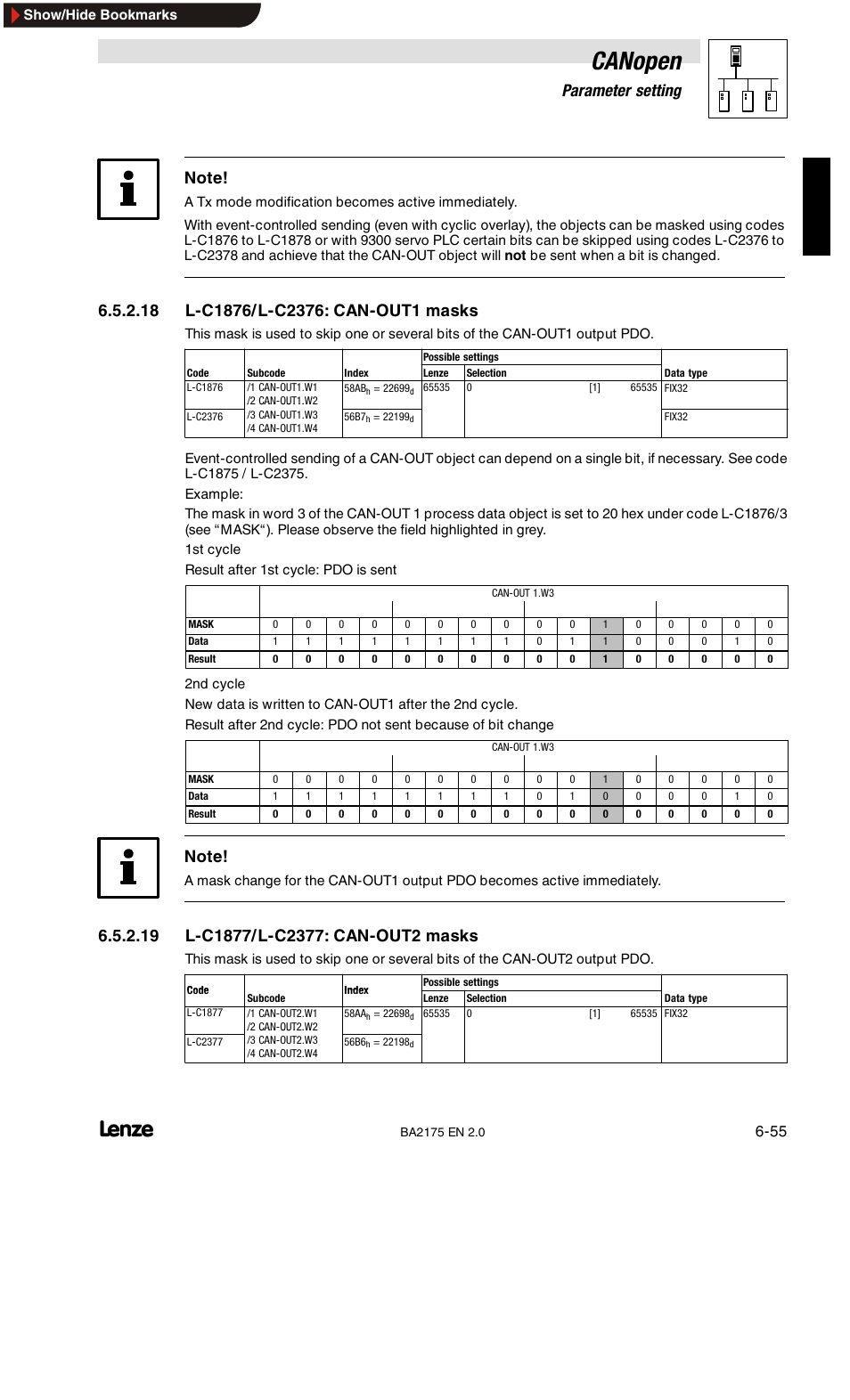 L-c1875/l-c2375: tx mode can-out1 ... can-out3, Canopen, 6parameter setting | Lenze EMF2175IB User Manual | Page 83 / 152