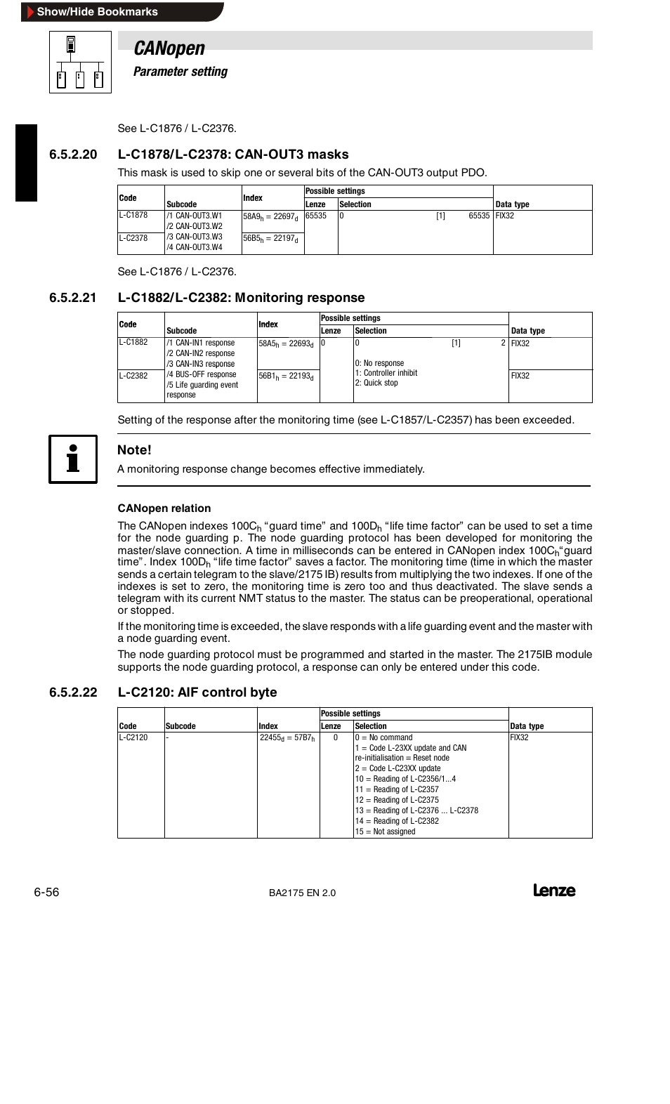 L-c1876/l-c2376: can-out1 masks, L-c1877/l-c2377: can-out2 masks, Canopen | 6parameter setting | Lenze EMF2175IB User Manual | Page 84 / 152