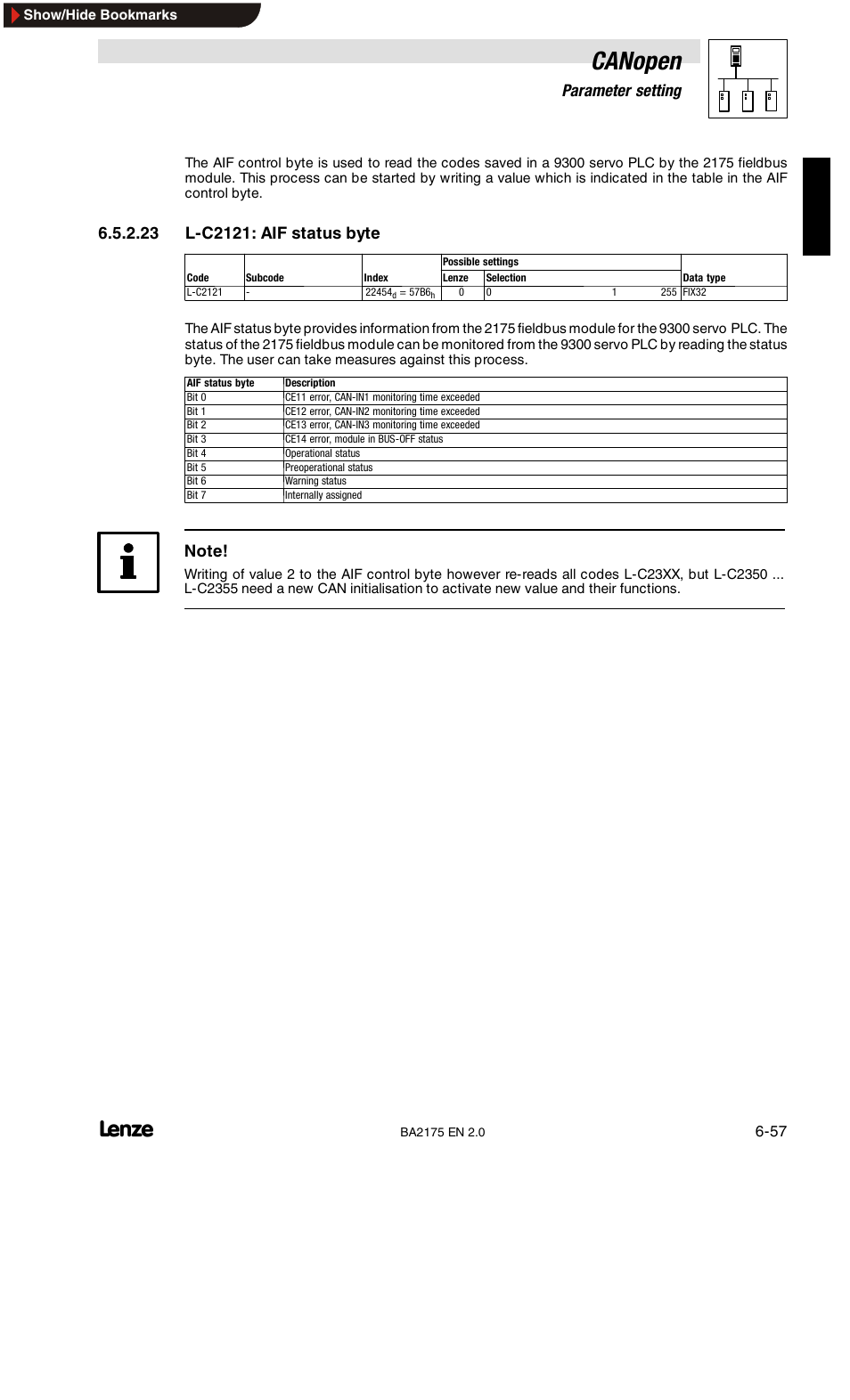 L-c1878/l-c2378: can-out3 masks, L-c1882/l-c2382: monitoring response, L-c2120: aif control byte | Canopen, 6parameter setting | Lenze EMF2175IB User Manual | Page 85 / 152