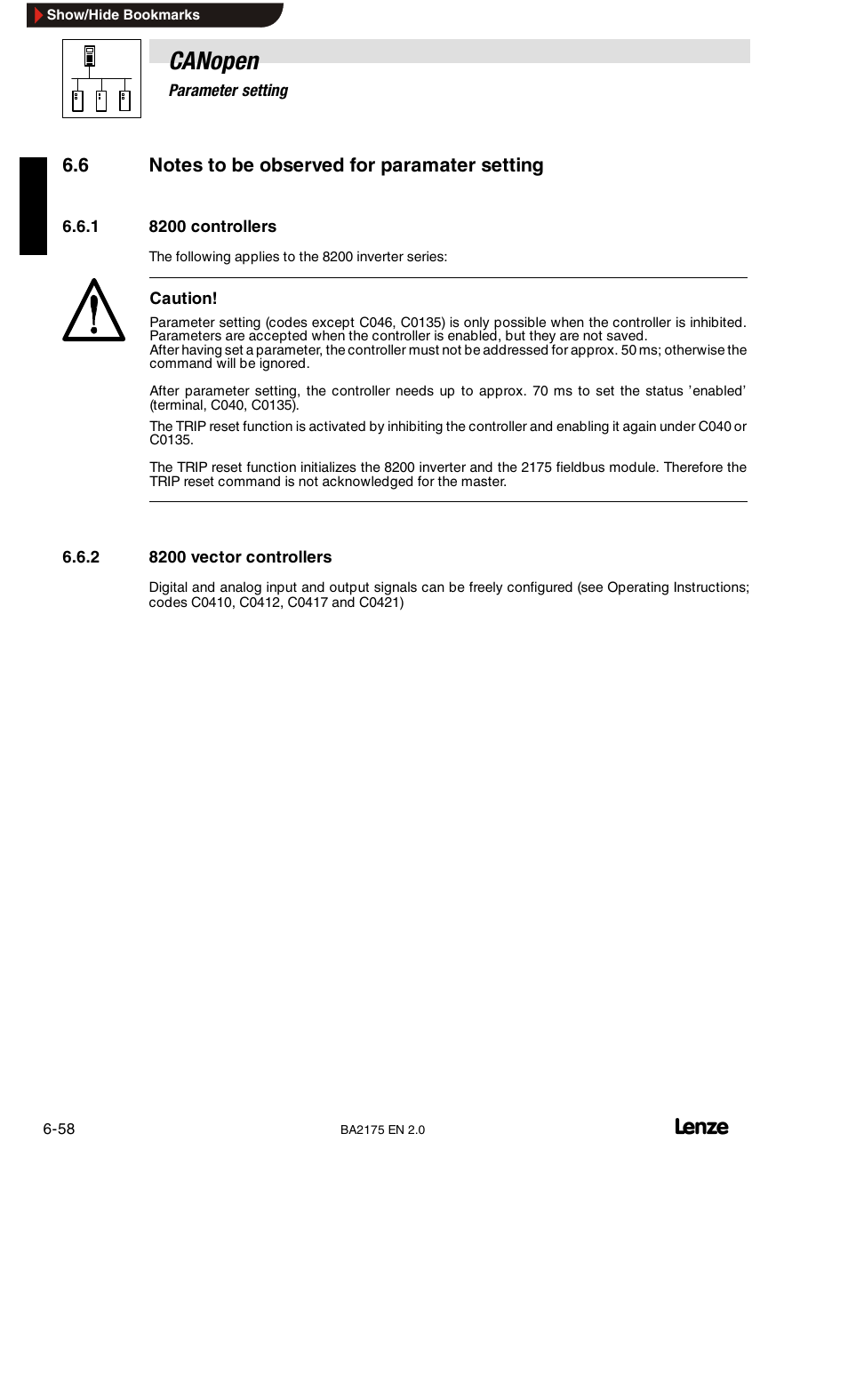 L-c2121: aif status byte, Canopen | Lenze EMF2175IB User Manual | Page 86 / 152